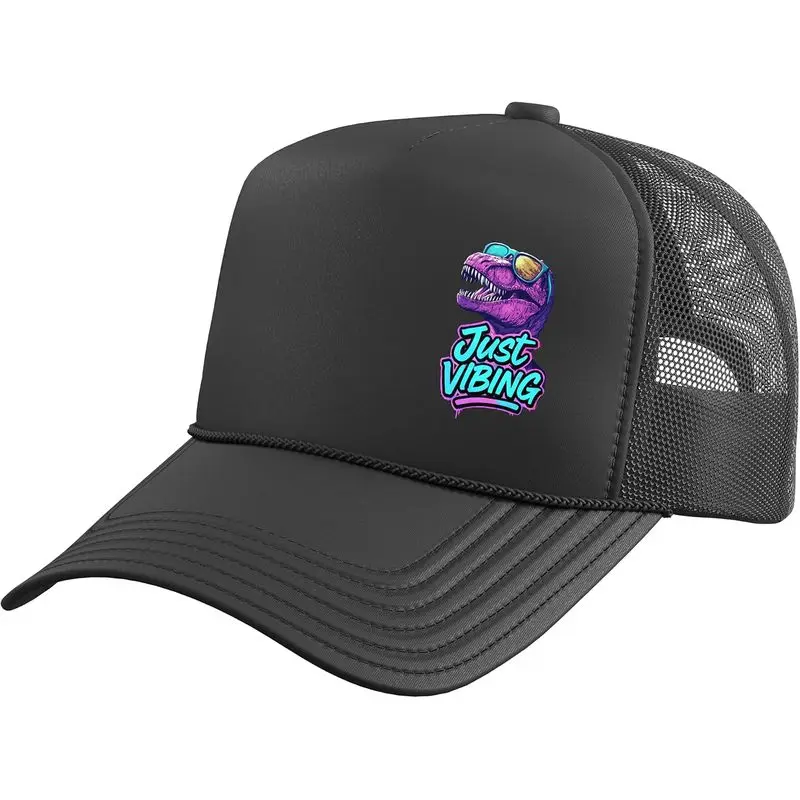 Just Vibing T-Rex Dinosaur Purple, Pink and Teal Graphic Trucker Hat with Adjustable Mesh Back