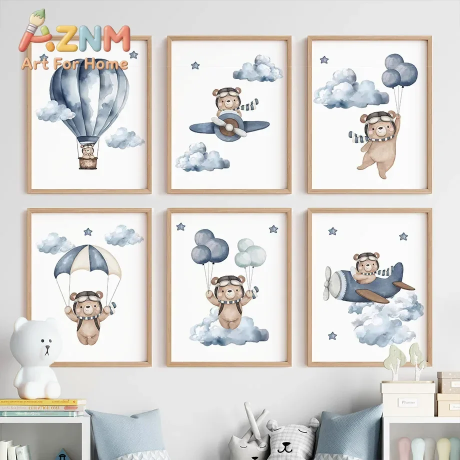 Boho Bear Aircraft Hot Air Balloon Cloud Nursery Posters Wall Art Print Canvas Painting Baby Kids Room Home Decoration Pictur