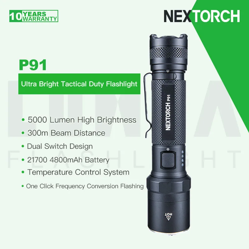 NEXTORCH P91 Tactical Duty Flashlight 5000 Lumen Ultra Bright 4LEDS 305m Beam Throw Rechargeable with Temperature Control System