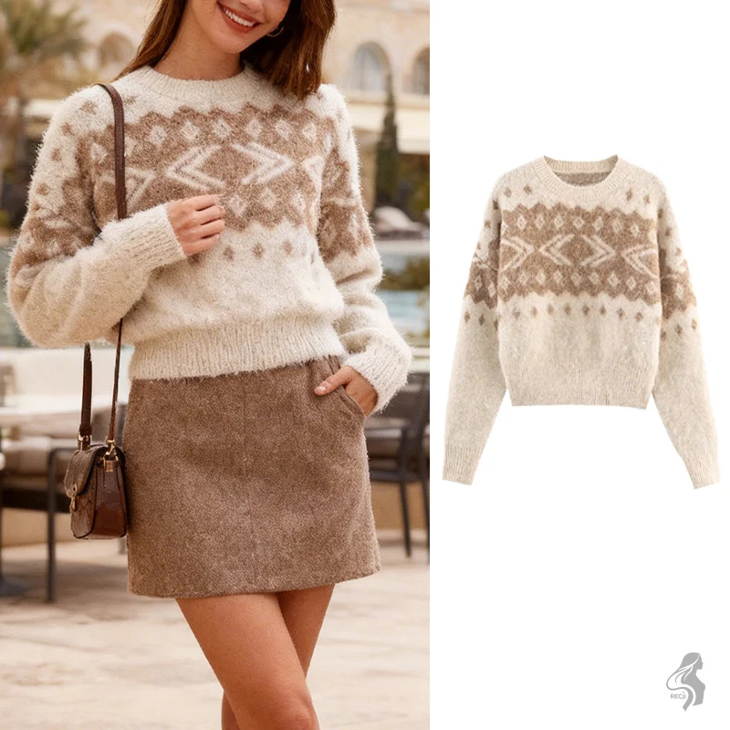 

Женский вязаный свитер с потертостями, жаккардовый свитер с круглым вырезом, мягкий и удобный трикотаж, подходит для повседневной и офисной одежды