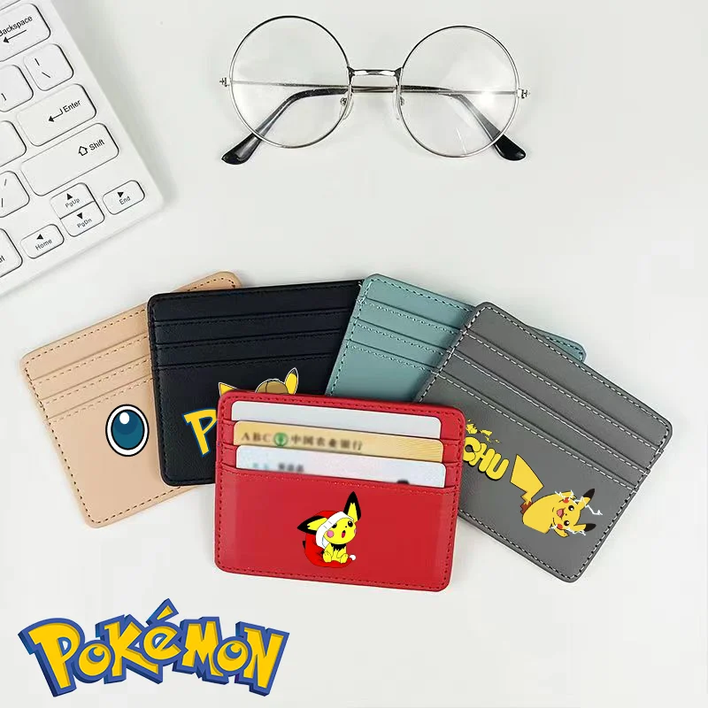 Pokemon Ultra-thin Leather Mini Wallet Pikachu Slim Bank Credit Card Holder Men's Business Small ID Case for Women Purse 4 Slots