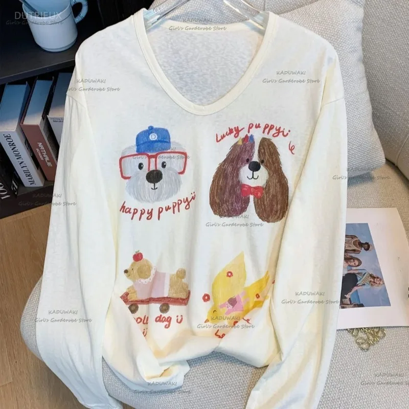 Japanese Cartoon Print Long Sleeve Tshirt Women Summer Loose Casual V-neck Sun-protective Smock All-match Y2k Graphic Top
