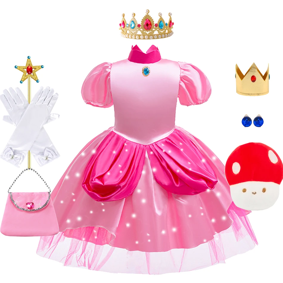 Girls Peach Princess Pink Dress with Crown Children Pageant Gown Birthday Party Outfit Halloween Costume Pretend Play Dress