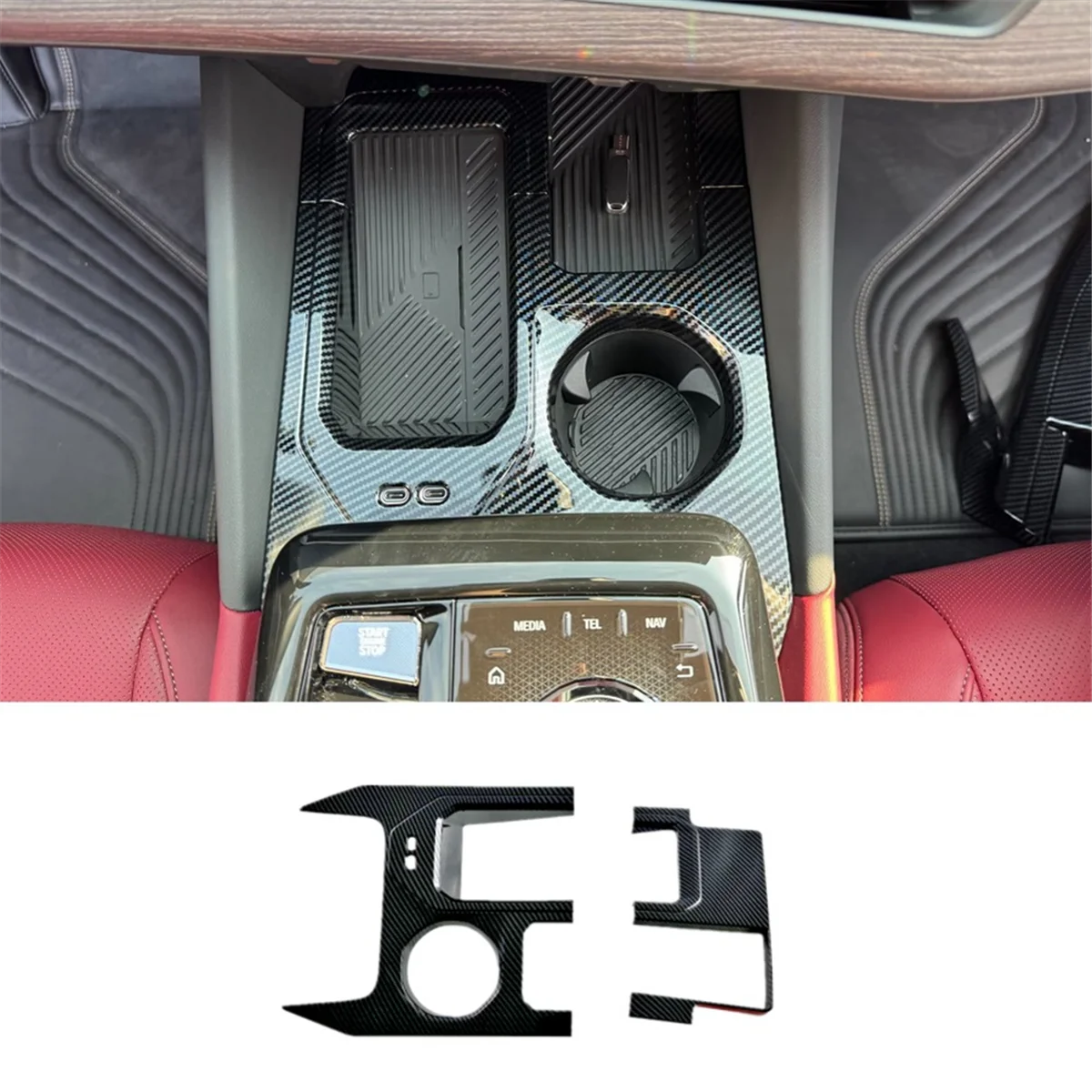 For BMW 5 Series G60 2024 Center Console Cup Holder Cover Trim Decoration Interior Accessories ABS Carbon Fiber