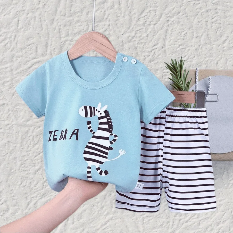 Kids Summer Tees+Shorts 2-piece Clothes Set Pajama Cotton Underwear Cartoon Zebra Dinosaur Print New Sleepwear Suit 1-6 Year Old