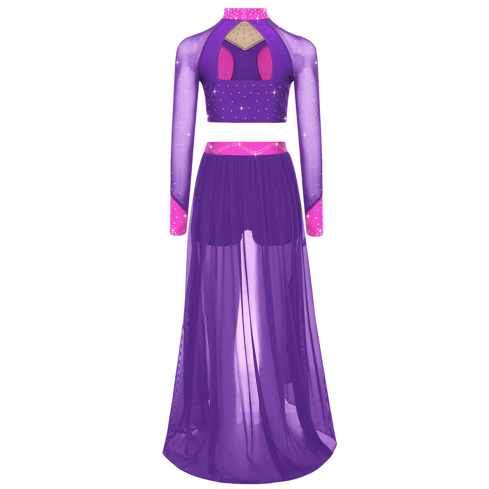 ชุดเต้นบัลเลต์เด็ก ชุดเต้นลีริคอล โมเดิร์น คอนเทมโพรารี แขนยาว ประดับคริสตัล ช่วงหลังเว้า ครอปท็อป กระโปรงทรงเอ