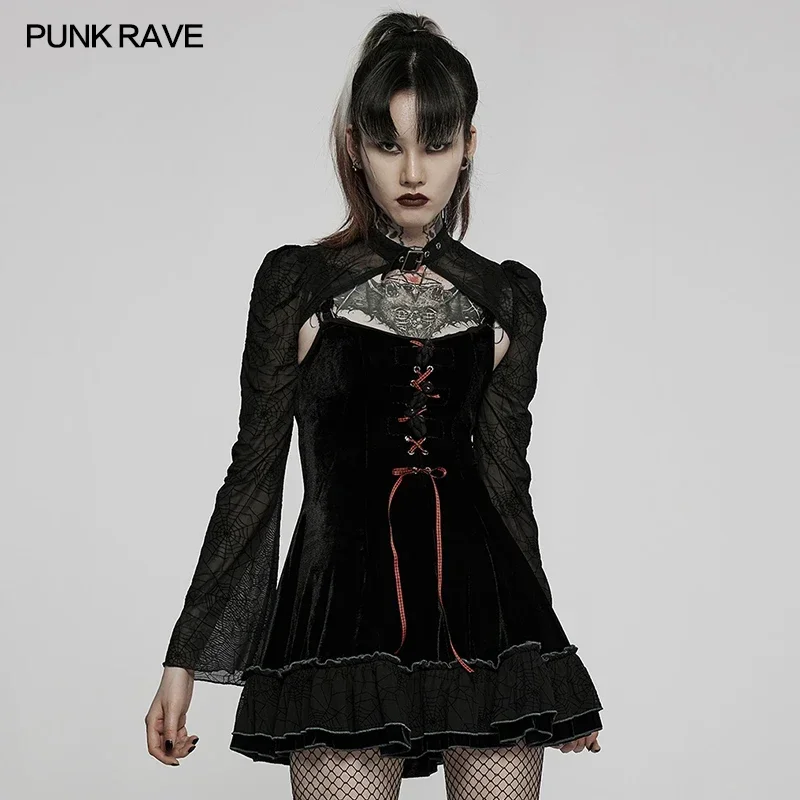 PUNK RAVE Women's Gothic Two-piece Velvet and Spider Splice Dress Girls Short Coat Sexy Black Slip Dresses Spring/Autumn