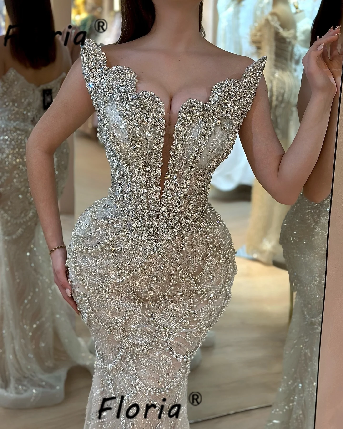 Heavy Beads Couture Mermaid Evening Dresses Champagne Shiny Stones Crystal Celebrity Party Gowns Customized Wedding Guest Robes