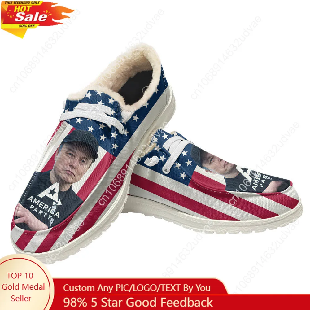 

America Party Plush Loafers Men Woman Casual Flat Shoes Elon Musk Durable Elastic Warm Lightweight Footwear Custom Shoe White