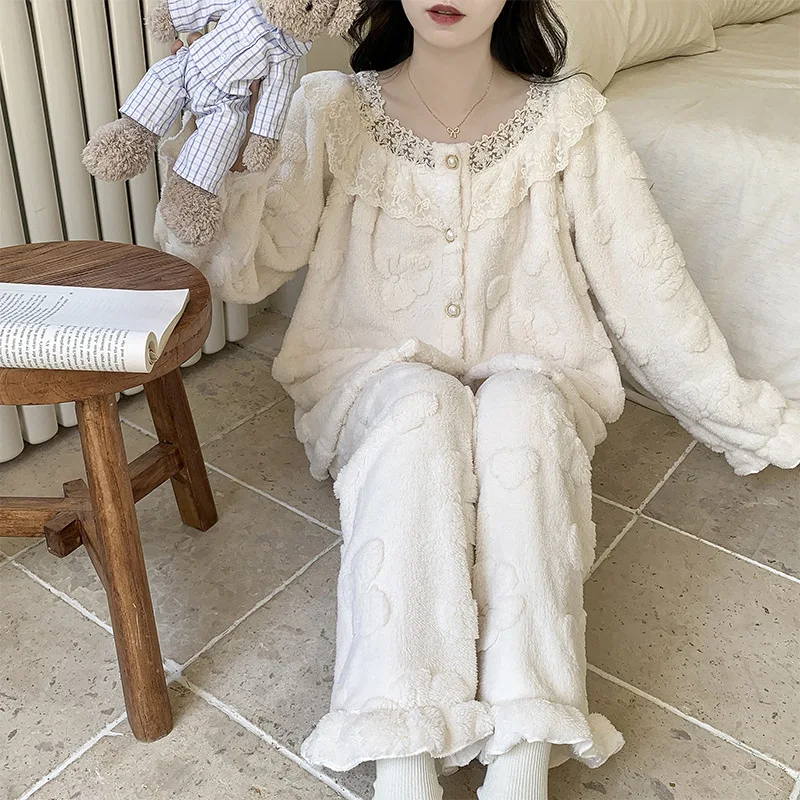 Herbst Winter Korallen Fleece Frauen Pyjamas Fleece-gefüttert Mädchen verdicken lange Ärmel warm halten bequeme Nachtwäsche Homewear Anzug
