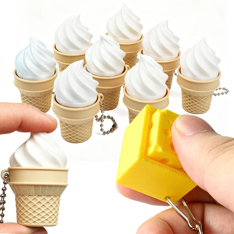3D Printed Fidget Clicker Keychain Cute Cheese & Ice Cream Shape Sensory Fidget Toy Mini Portable Key Ring for Adult Office Desk