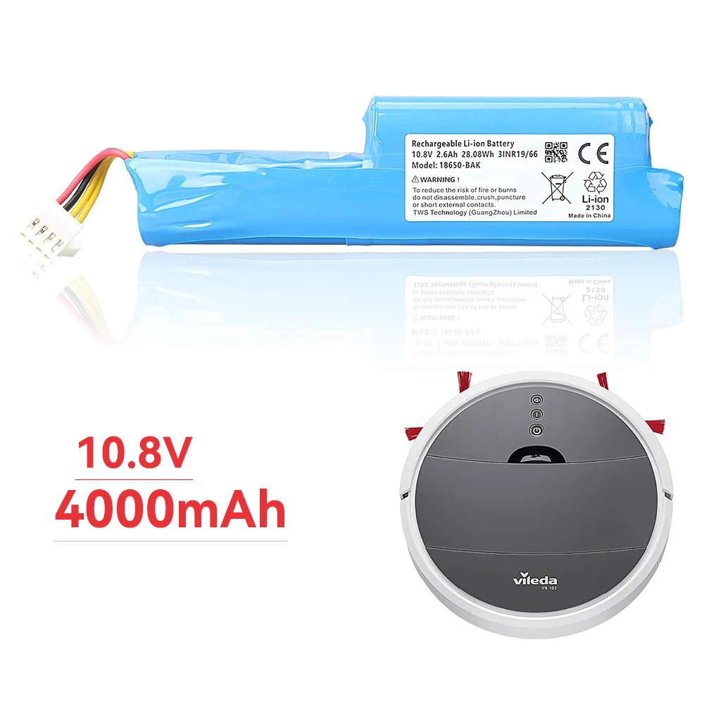 4000mAh vacuum cleaner replacement battery - for Vileda VR 102,VR One,VR 201 PetPro,VR 303, for Redmond RV-R150/RV-R151/REB-R151