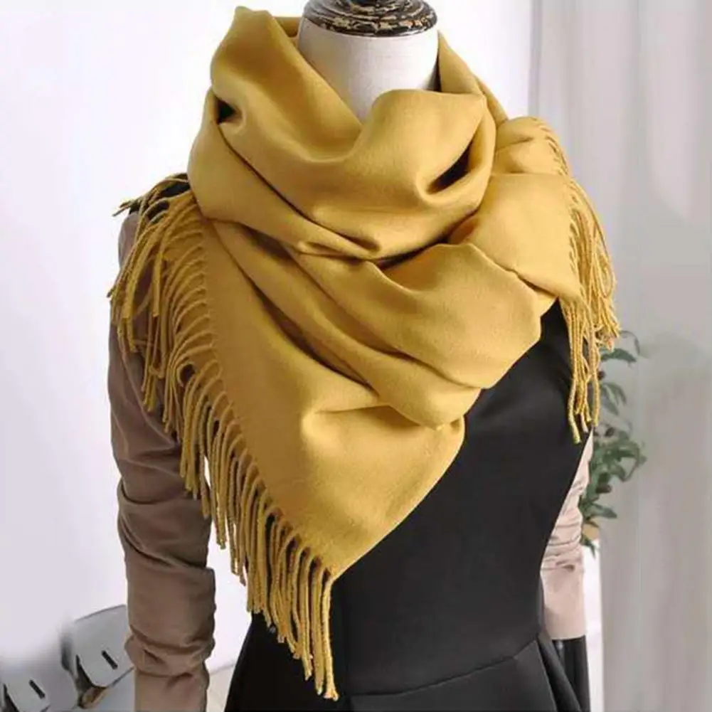 Thickened Faux Cashmere Tassel Women Scarf Solid Color Scarf Wide Long Cozy Windproof Cold Resistant Decorative Ladies Scarf