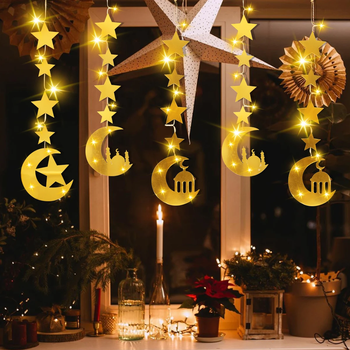 Eid Mubarak Star Moon Hanging Light String Pendent Ramadan Decoration For Home Islamic Muslim Party Decor Eid Al Adha Gifts