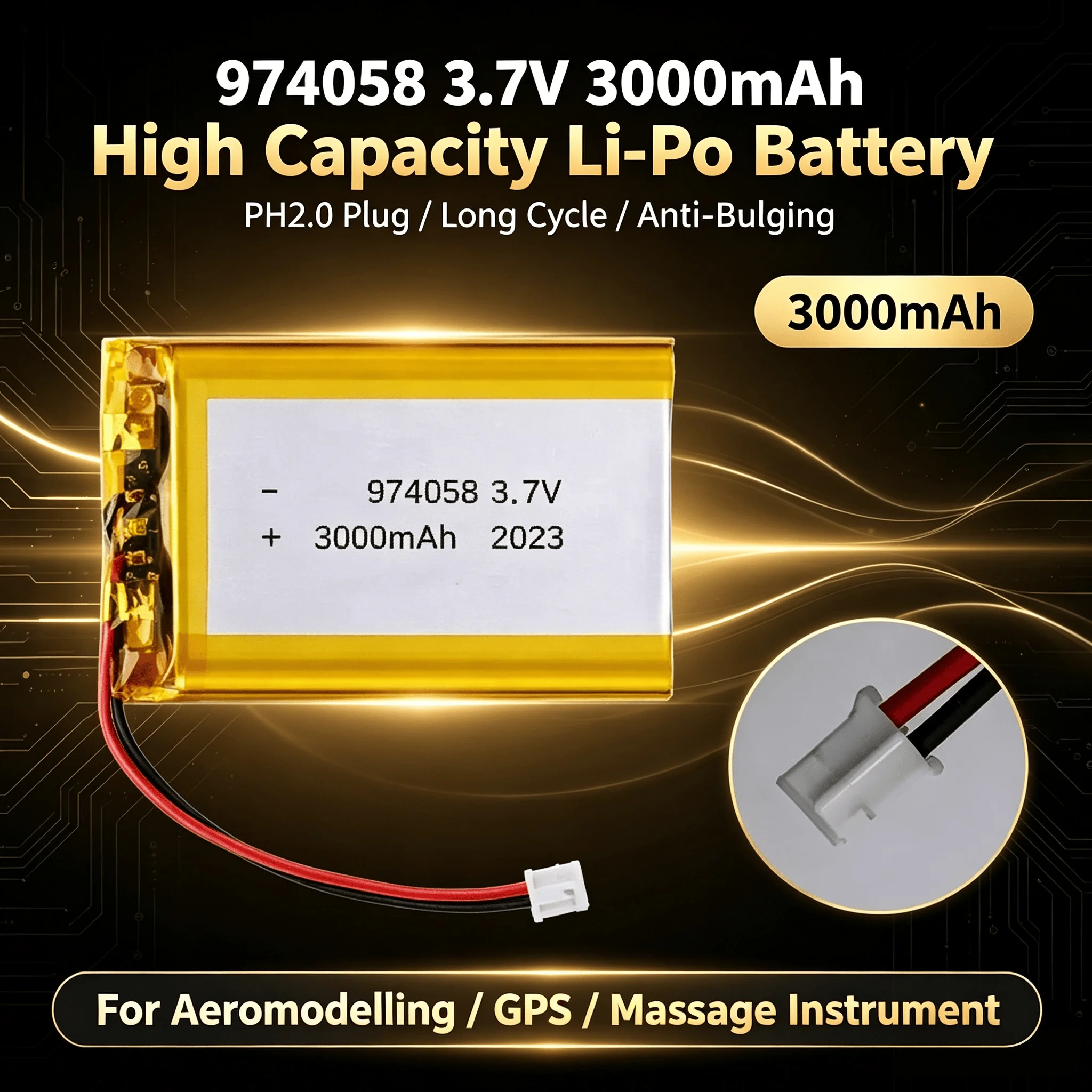 974058 3.7V 3000mAh High Capacity Li-Po Battery PH2.0 Plug Long Cycle Anti-Bulging For Aeromodelling GPS Massage Instrument