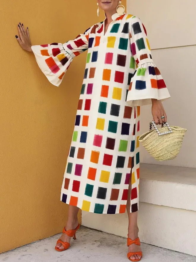 

Womens Dresses 2024 Spring New Fashion Plaid Flare Sleeves Split Hem Casual V-Neck Loose Daily Long Dress