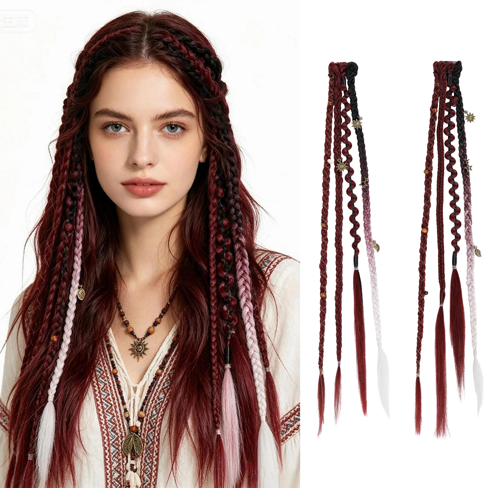Clip in braids, 2PCS 20Inch Dreadlock Extensions with Beads & Chains, Viking Boho Braids for Cosplay Festival, Daily Styling