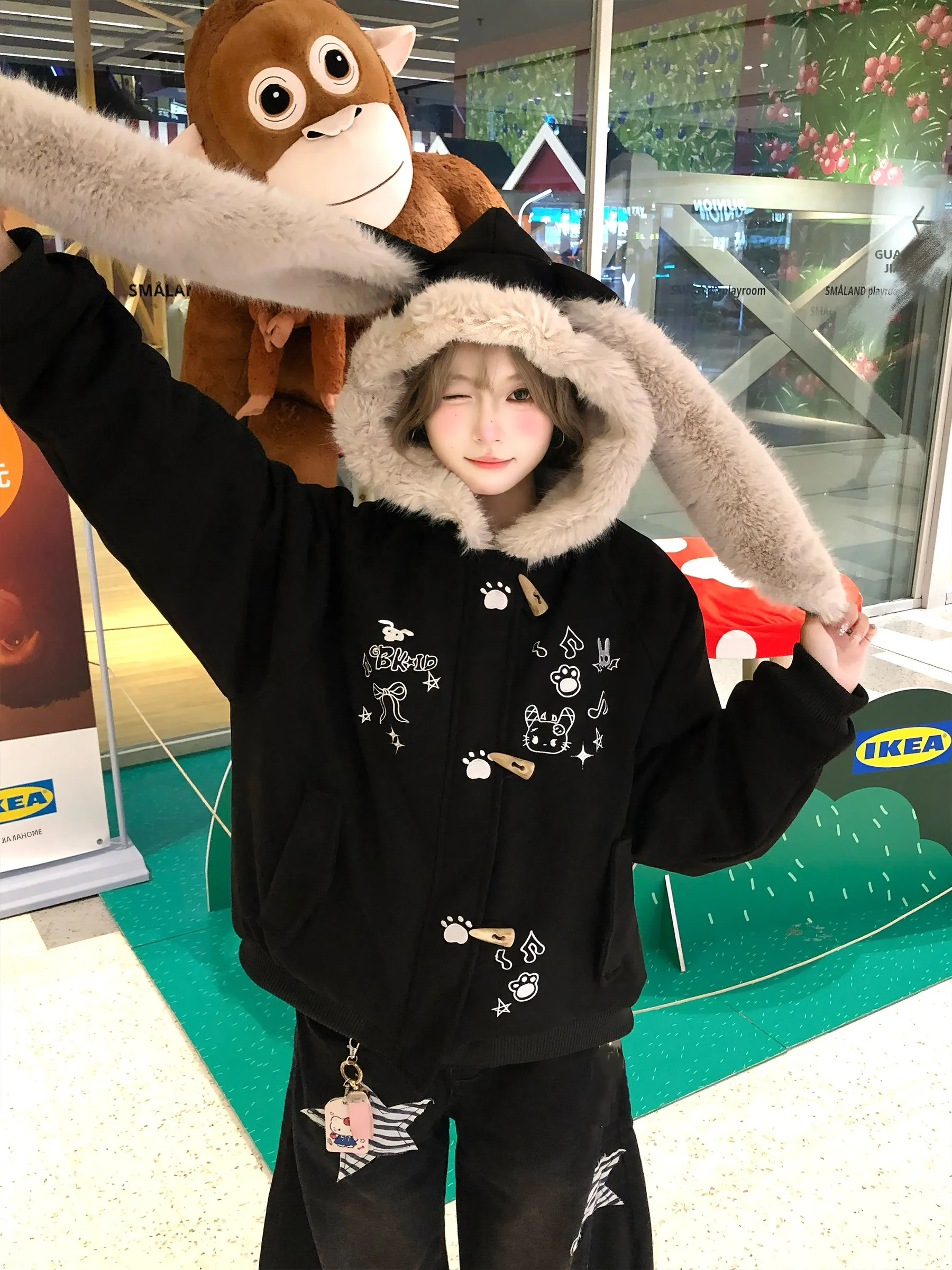 

Original Rabbit Ear KT Thiened Cotton Jaet Women's Autumn Winter Fur Collar Hooded Embroidered Fluffy Sandwich Cotton Out...