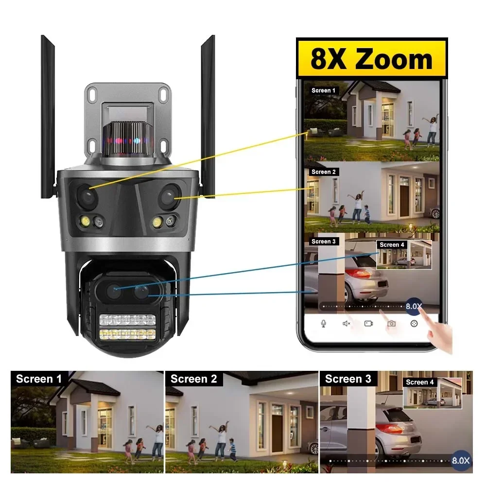16MP WiFi Camera Outdoor 4-Screen 4-Lens IR Security CCTV Camera 8X Zoom Bluetooth Auto Tracking Video Surveillance CamerasICsee