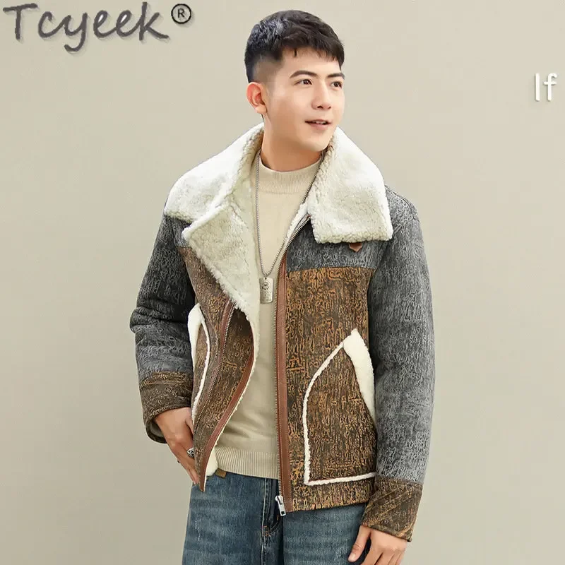 Tcyeek-Chaqueta de piel auténtica para hombre, abrigo corto de piel de oveja Natural, con solapa, a la moda, para invierno, 2023