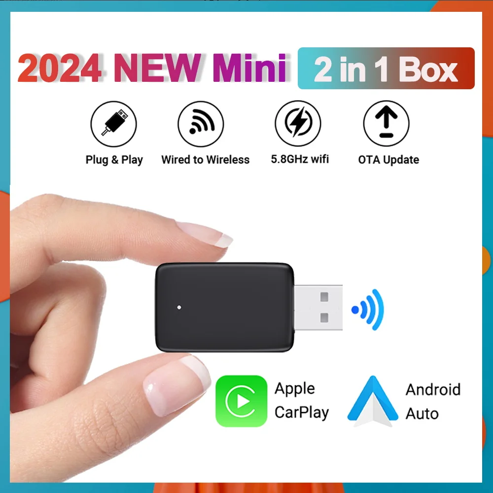 2in1 Mini Box Wireless CarPlay&Android Auto Adapter Smart Mini Box Dongle Bluetooth WiFi Fast Connect Plug And Play Fit 99% Cars