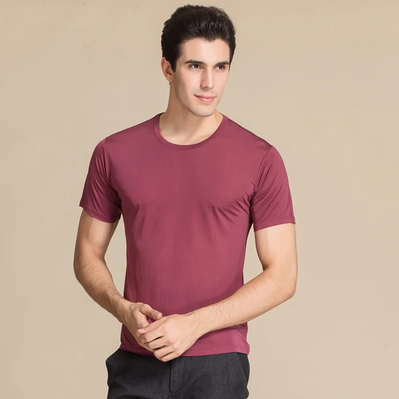 Quality 100% Mulberry Silk Knitted Men\'s Short Sleeve Round Neck T-Shirts Tee Top plus size HY006