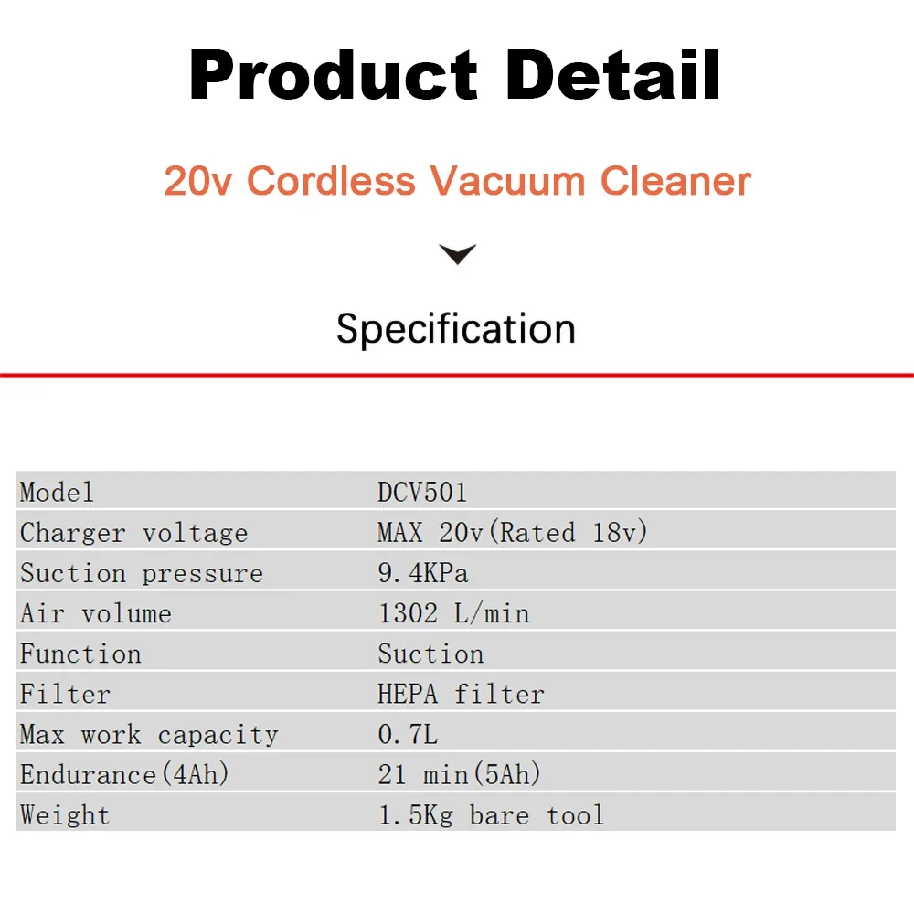 Dewalt Cordless Vacuum Cleaner Rechargeable DCV501 9.4KPa 1302L/min 20v Hand for Car Home Gardon Cleaning Univeral 18v Battery