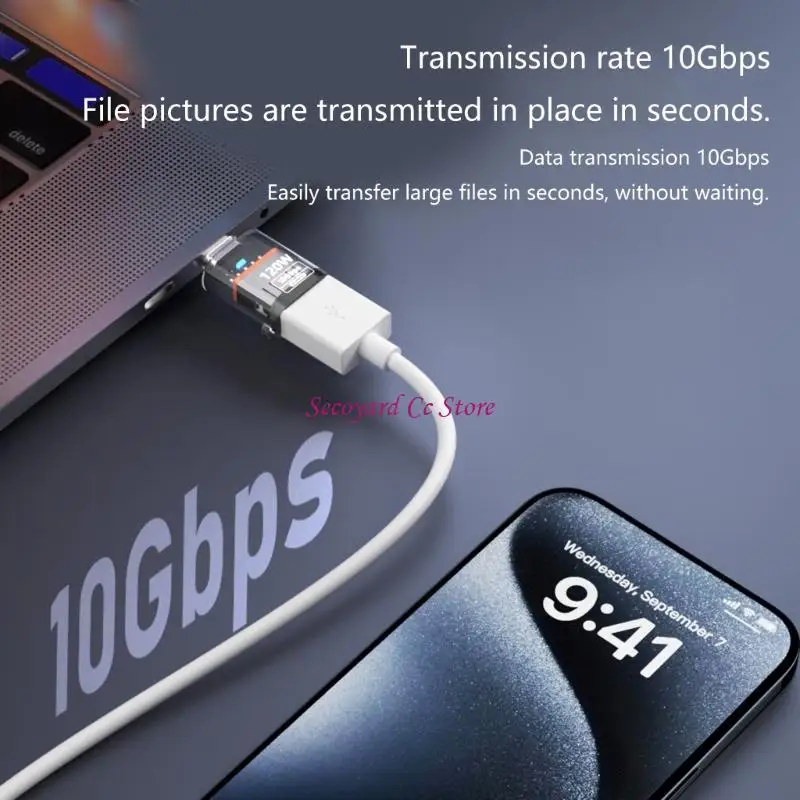 N3UC Type-C to USB A Converter with Light Support 120W Charging 10Gbps Data Transfer USB C Extender Clear Shell OTG Adapter