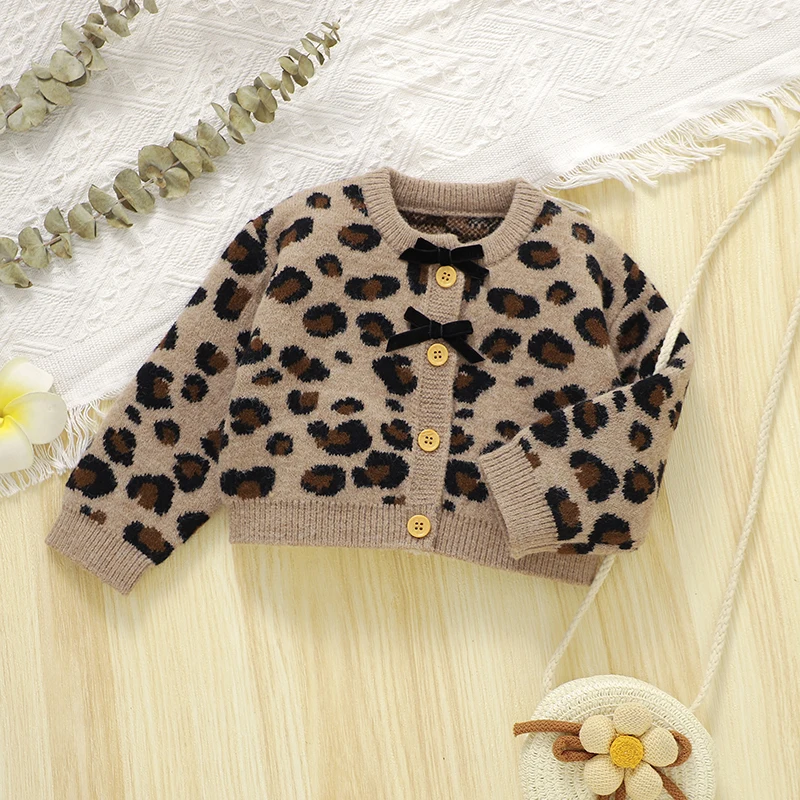 Newborn Baby Sweaters Knit Infant Boy Girl Cardigan Long Sleeve Kid Clothes Fashion Leopard Print Fall 6M-3Y Warm Tops Outerwear