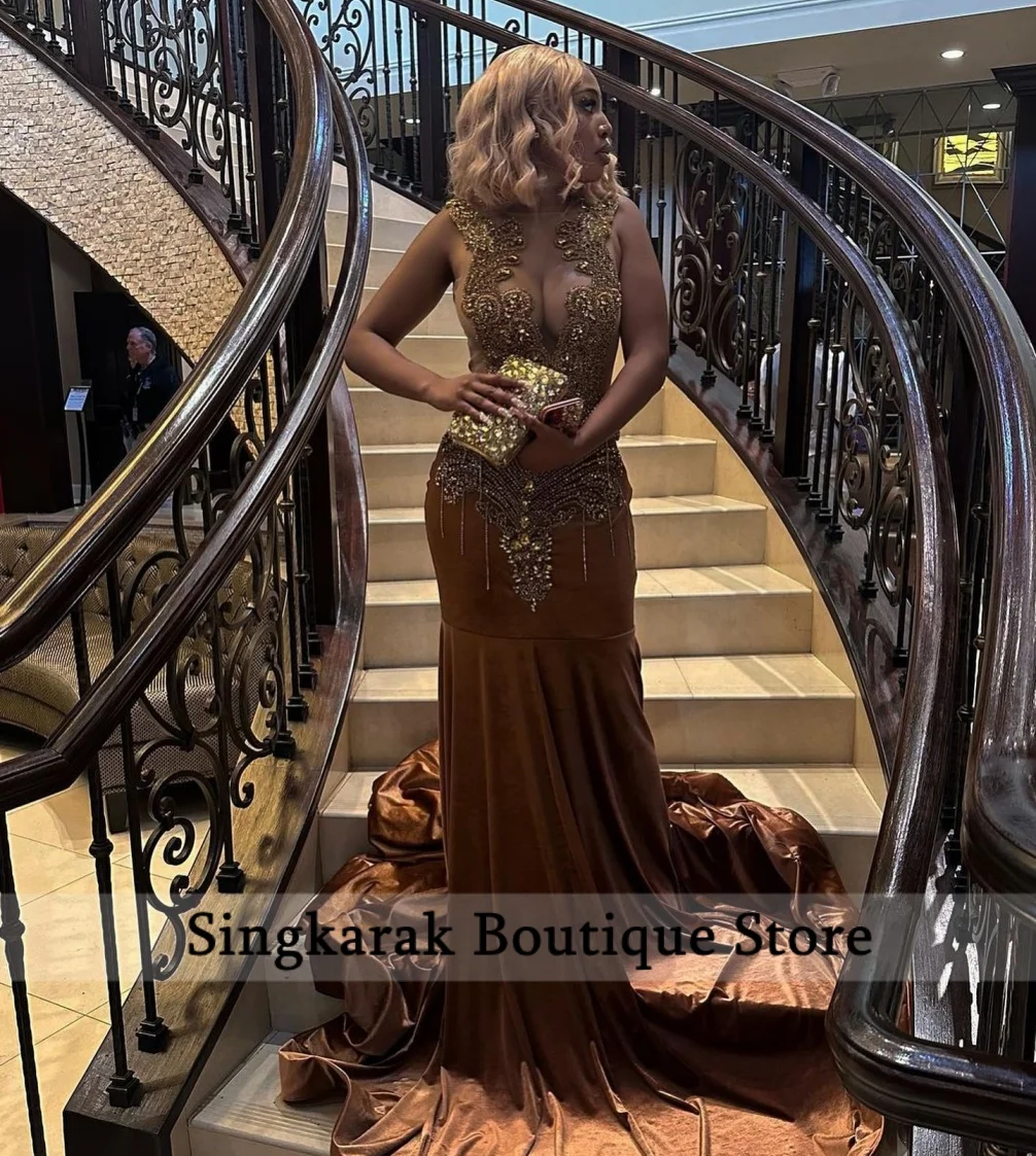 New Arrivals Gold Crystal Rhinestones Brown Prom Dress For Black Girl 2026 Birthday Party Dress Evening Dress Customized