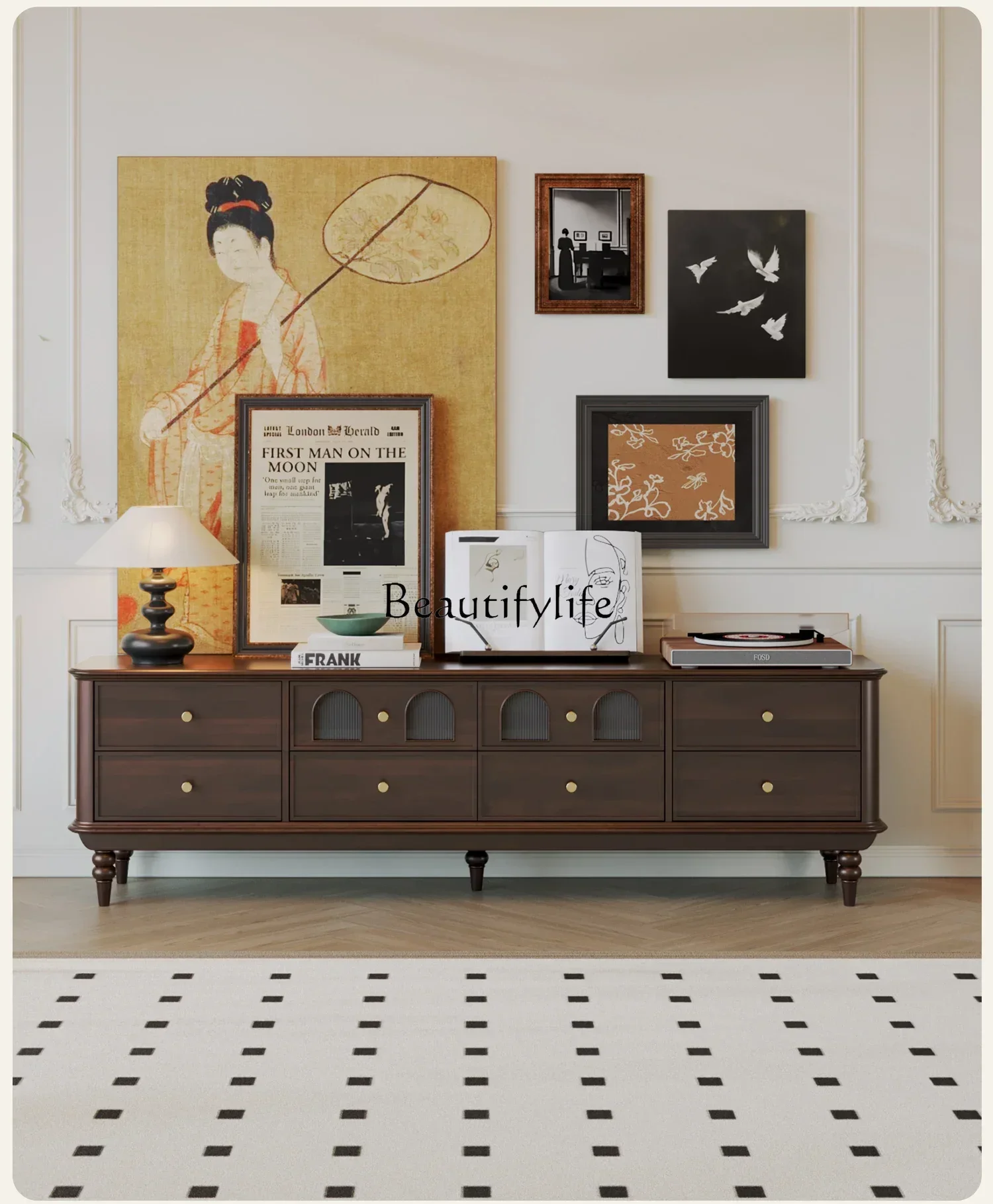 

American solid wood floor-to-ceiling TV cabinet living room home storage locker integrated French high-end sense