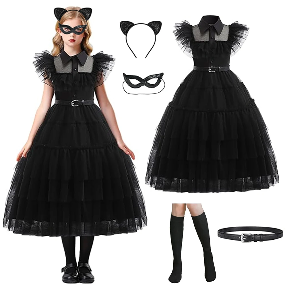 5PCS Carnival Girls Dress with Belt Headdress eye mask Wednesday Black Cosplay Vestido for Easter Fancy Disguise Dress Up Party