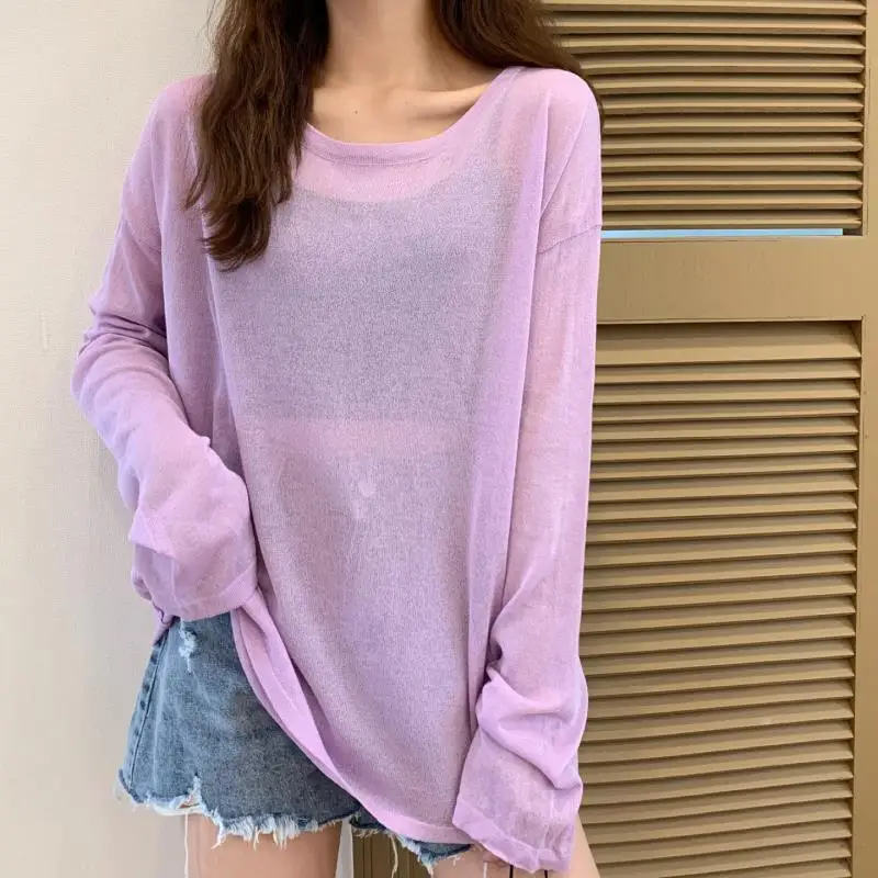 Ice Silk Summer New Loose Korean Simplicity T Shirts Long Sleeve Solid Color Street Casual Tops Tees Sweet Fashion Women Clothes