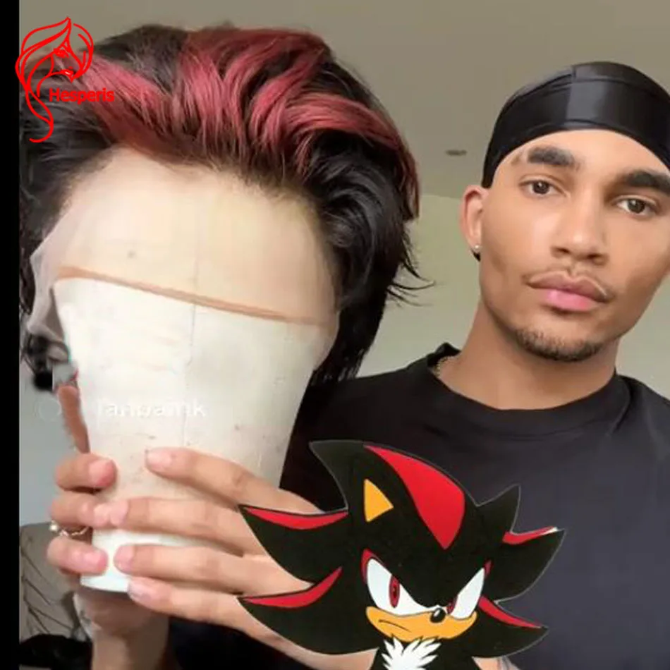 

Парики из натуральных волос Hesperis Highlight для мужчин, красные бритые боковые стрижки, полный парик из натуральных волос на шнуровке, мужские парики Mullet, предварительно выщипанные короткие стрижки