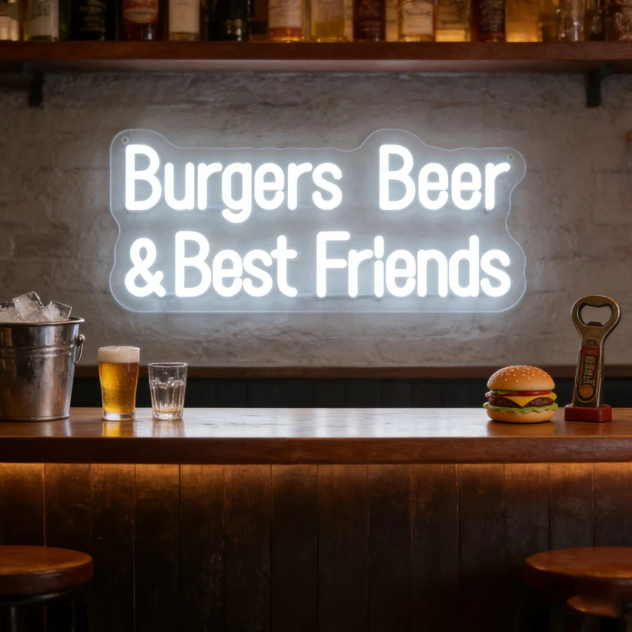 

Неоновая LED-вывеска «Бургеры, пиво и лучшие друзья» для бара, паба, декора стен, USB-светильник с регулировкой яркости, для мужской комнаты, подвала, таверны, подвесная вывеска