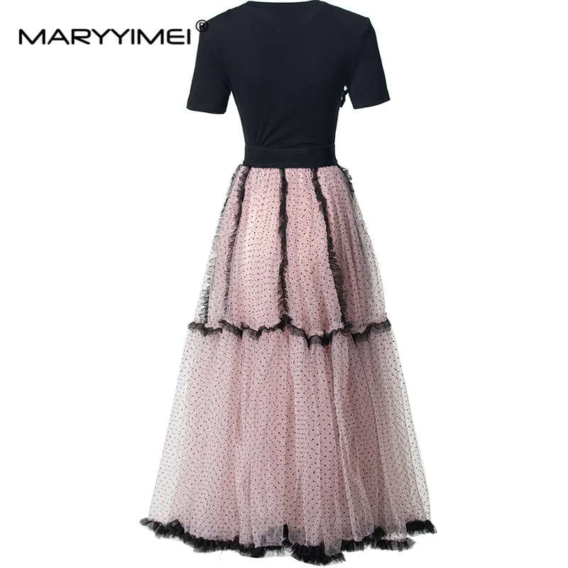 MARYYIMEI Autumn and winter Women's Suit Short Sleeved Appliques Tops+Elastic Waist Edible Tree Fungus Edge Skirt 2 piece set