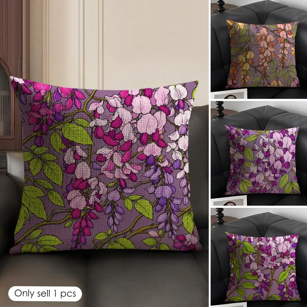 Purple Wisteria Flower Cushion Cover Linen Organic Fabric Double-Sided Printing Sofa Breathable Home Decor Gift Pillow Case