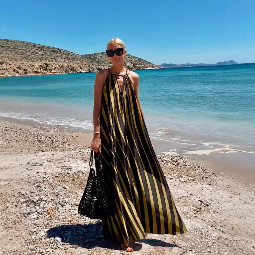 

Striped Patchwork Simple Sleeveless Long Dress Women Summer Casual Vacation Style V-neck Loose Maxi Dresses Lady A-line Vestidos