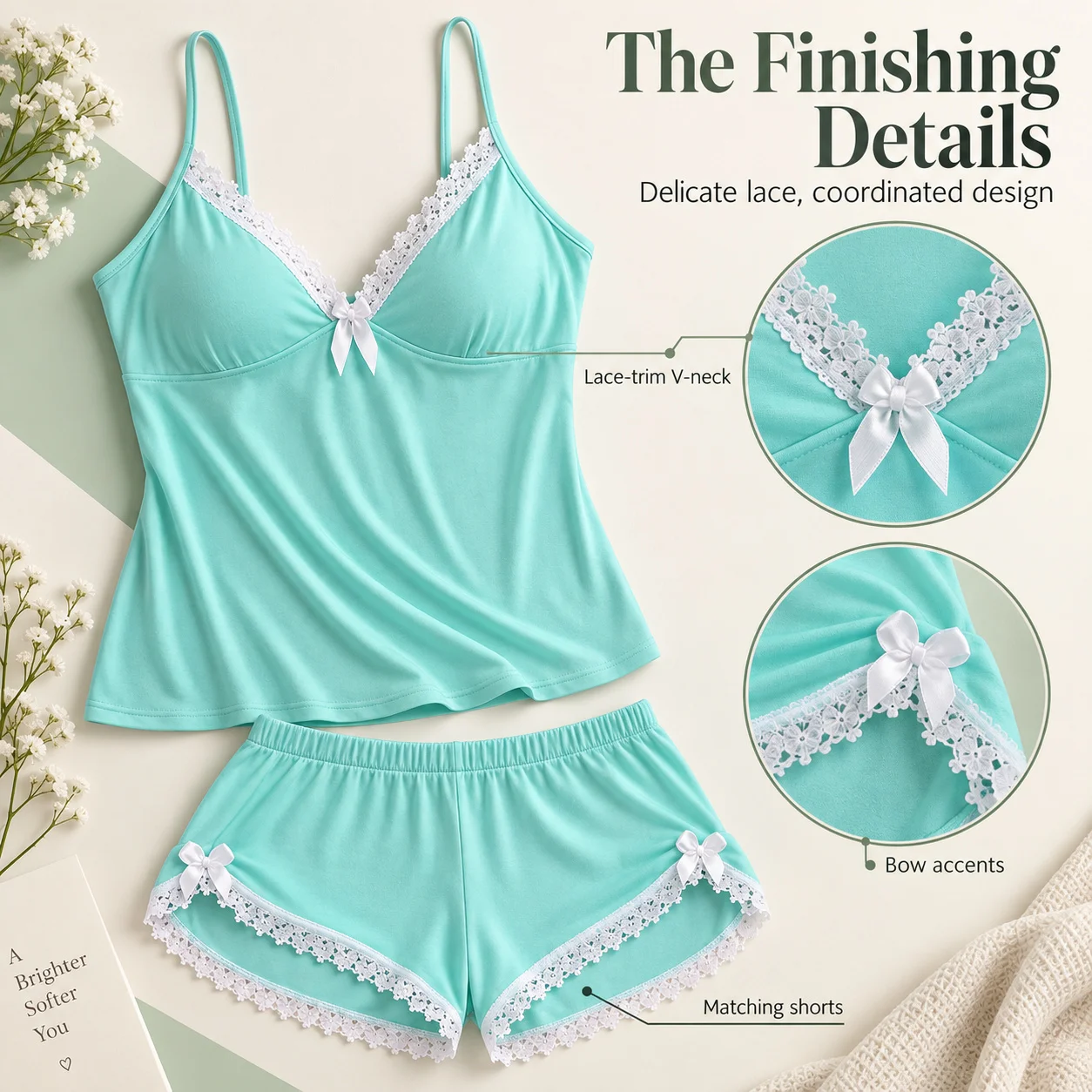Women's Lace Trim Camisole Shorts Pajama Set, V Neck Bow Detail Sleeveless Two Piece Sleepwear in Solid and Printed Colors gallery 1