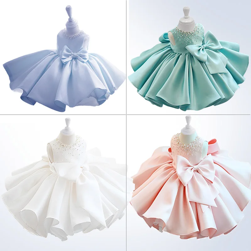 Vestido de satén con cuentas blancas y rosas para niña, tutú nupcial de boda, azul menta, vestido de baile para niño pequeño