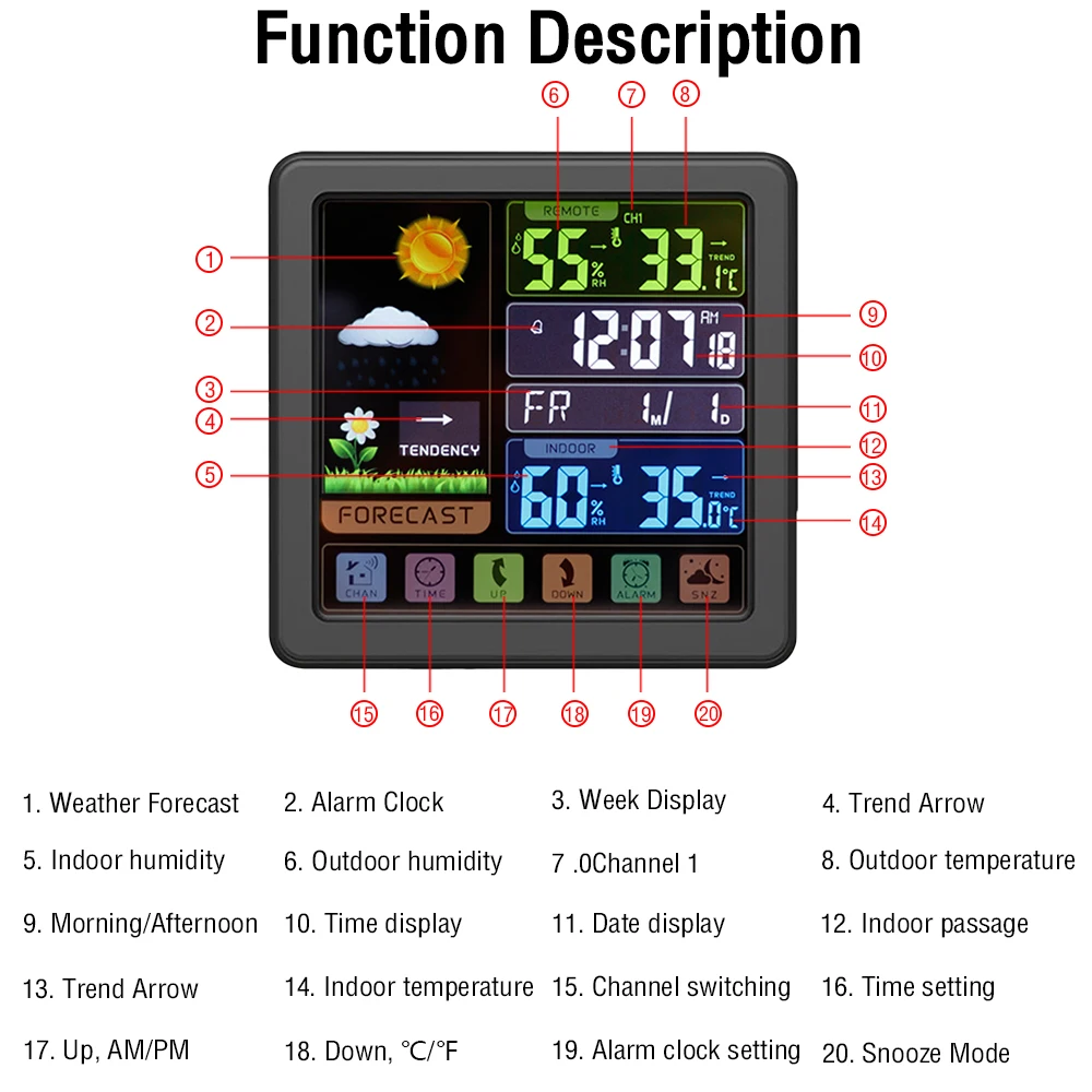 محطة الطقس الرقمية اللاسلكية في الأماكن المغلقة في الهواء الطلق ميزان الحرارة الطقس مع التقويم الخلفية قابل للتعديل