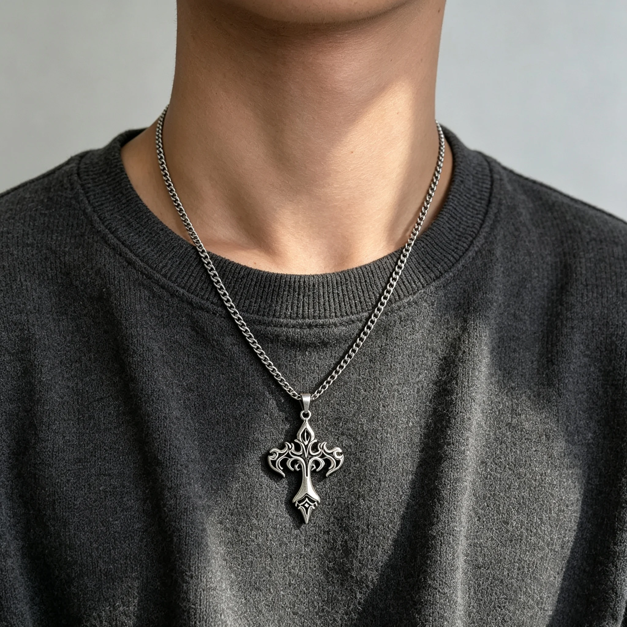Gothic Y2K Stainless Steel Chain Choker Necklace Vintage Flame Cross Pendant Necklaces For Women Men Religious Jewelry Accessory