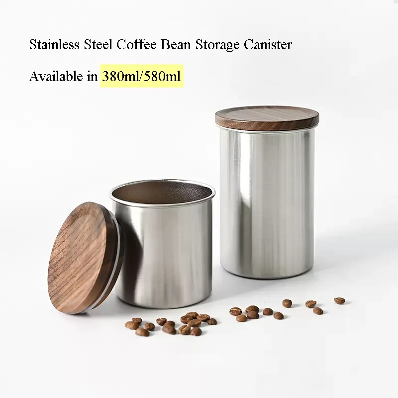 380ml/580ml Coffee Bean Storage Canister, Stainless Steel with Wooden Lid, Airtight Container for Coffee Beans/Powder