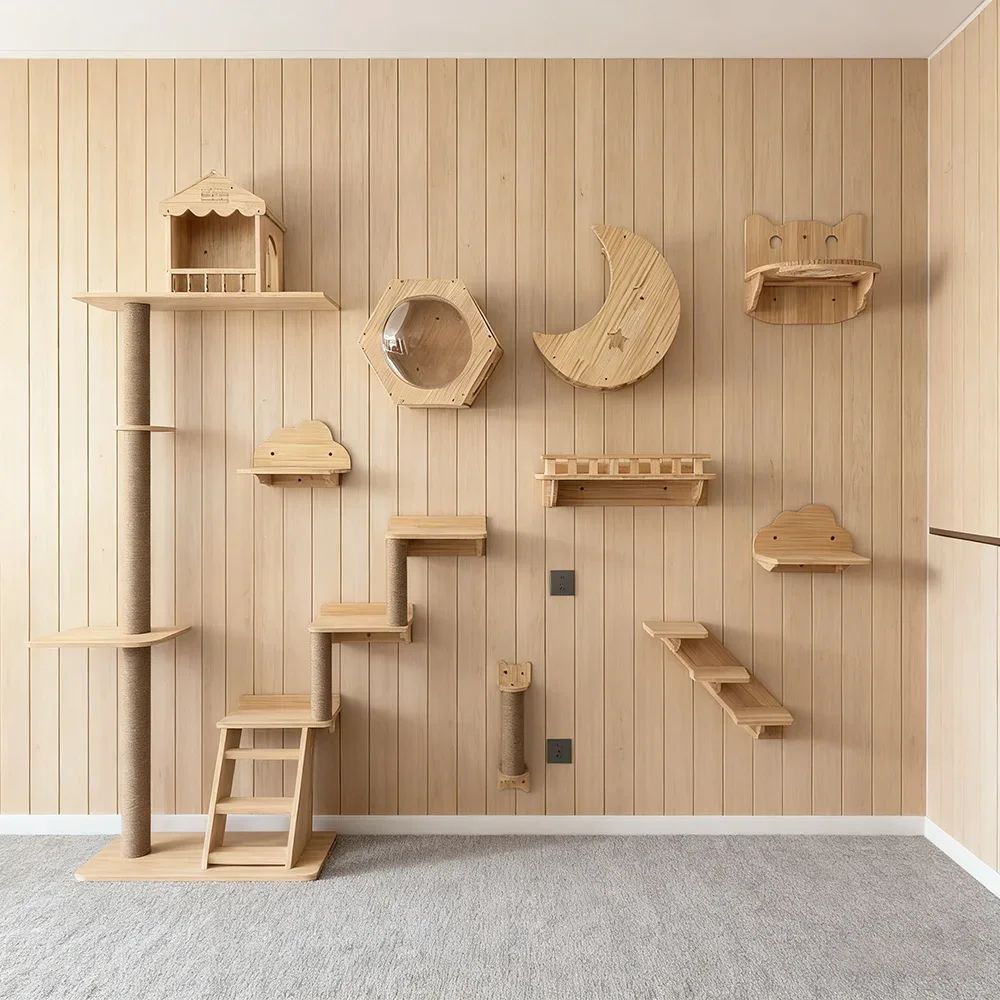 Árbol para gatos de pared con rascador sisal, puente y cama suave