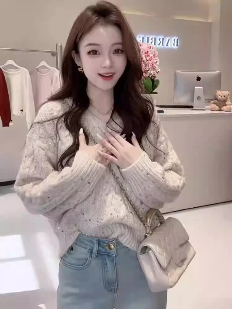 

Ele круглый блестящий свитер Ne Long Sve, женский свободный крой, утягивающий возрастной топ, новинка осени 2021, Faion Sle