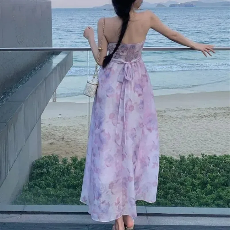 Women Summer Floral Print Sexy Off Shoulder Backless Elegant Party Dresses High Waist Lace-up Sleeveless Slim Beach Maxi Dress