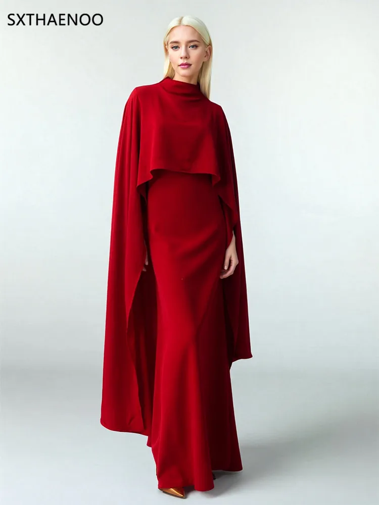 

SXTHAENOO Solid Slimming Spliced Shawl Elegant Long Dresses for Women Round Neck Sleeveless Evening Banquet Dress Female New