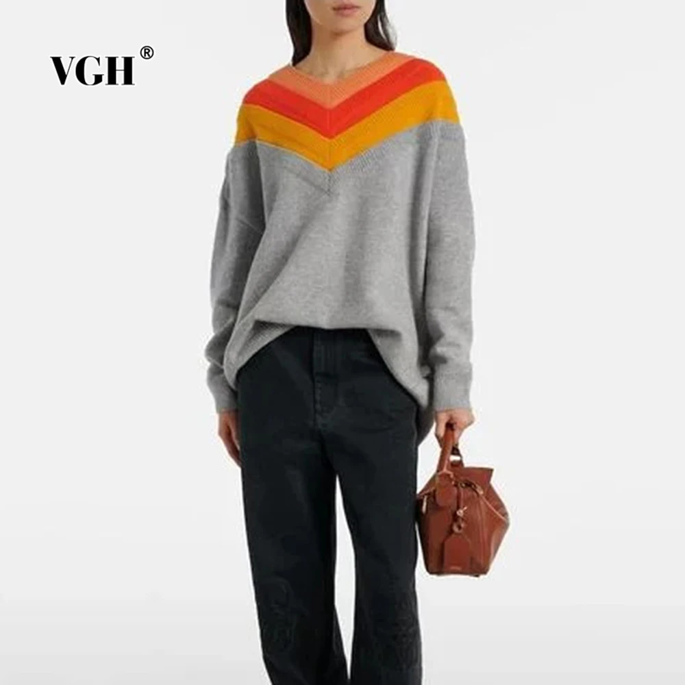 

VGH Colorblock модный базовый свитер для женщин с v-образным вырезом и рукавами «летучая мышь», повседневные свободные дизайнерские пуловеры, женская осенняя одежда, новинка