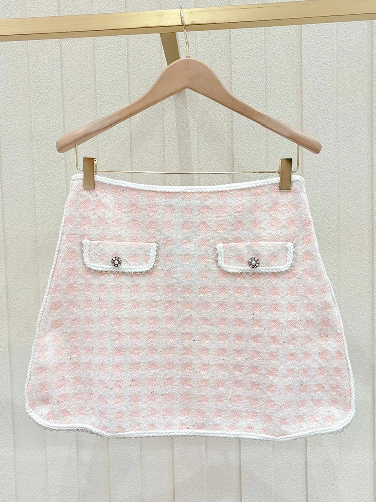 Maje Migi Moda Fena de Alta Qualidade Cardigan Aberto de Tweed Rosa Tricotado com Manga Longa Estilo com Botões Fibra de ...