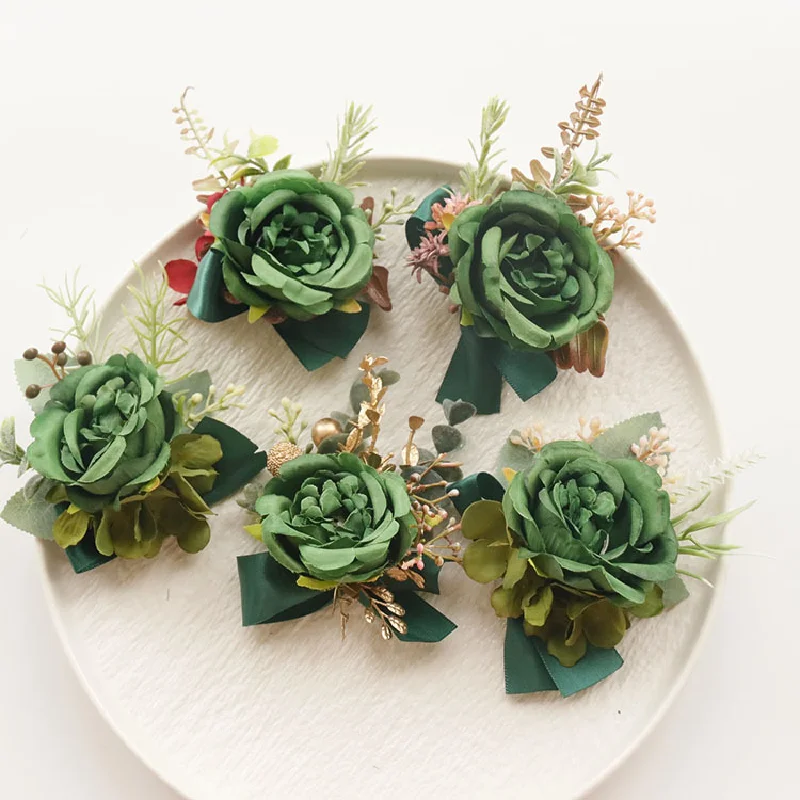 Suministros de boda para invitados, flor simulada para novio y novia, flor para el pecho, mano, Verde Europeo, 2421